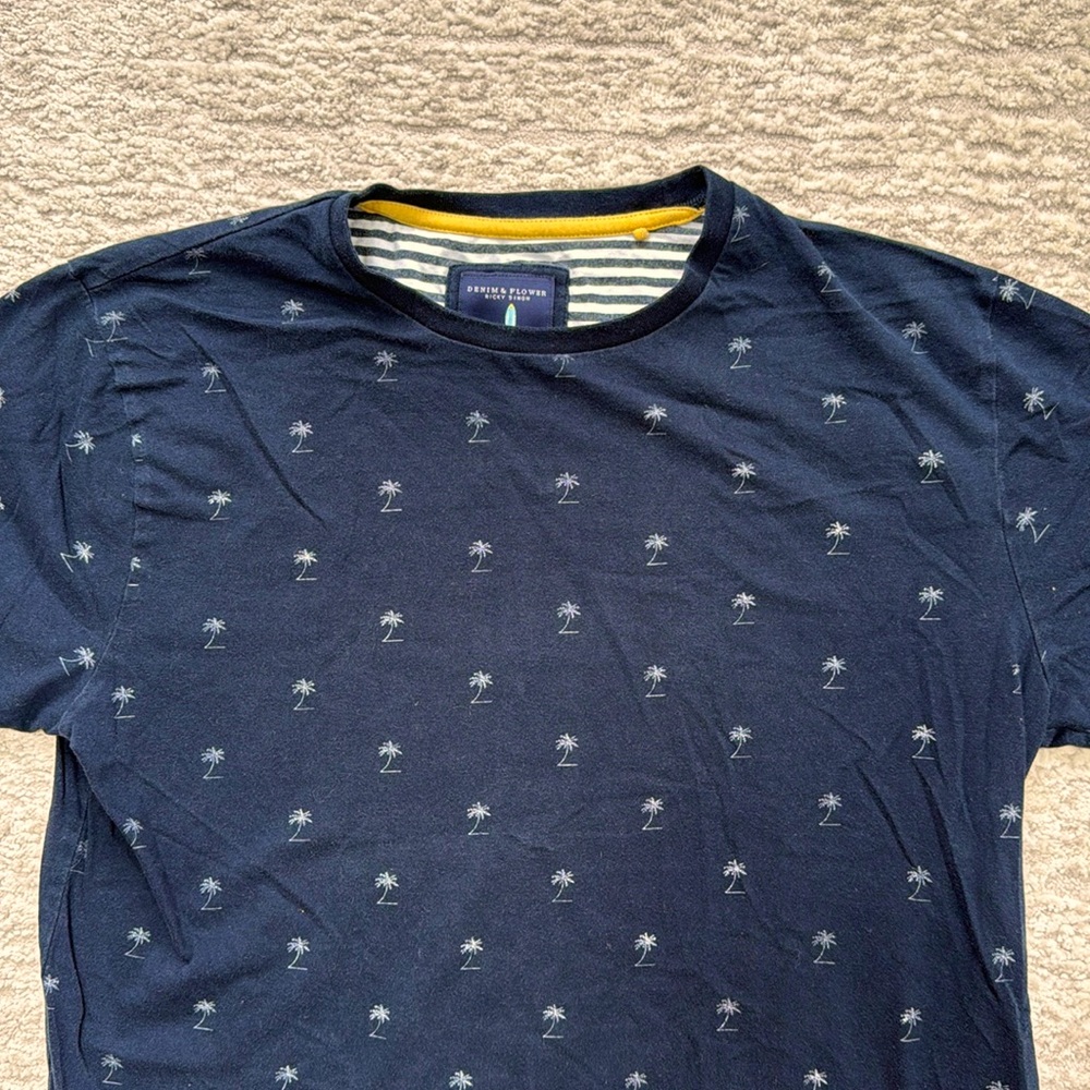 Denim & Flower Ricky Singh Navy Blue Tee w/ All-over White Palm Tree Print - M